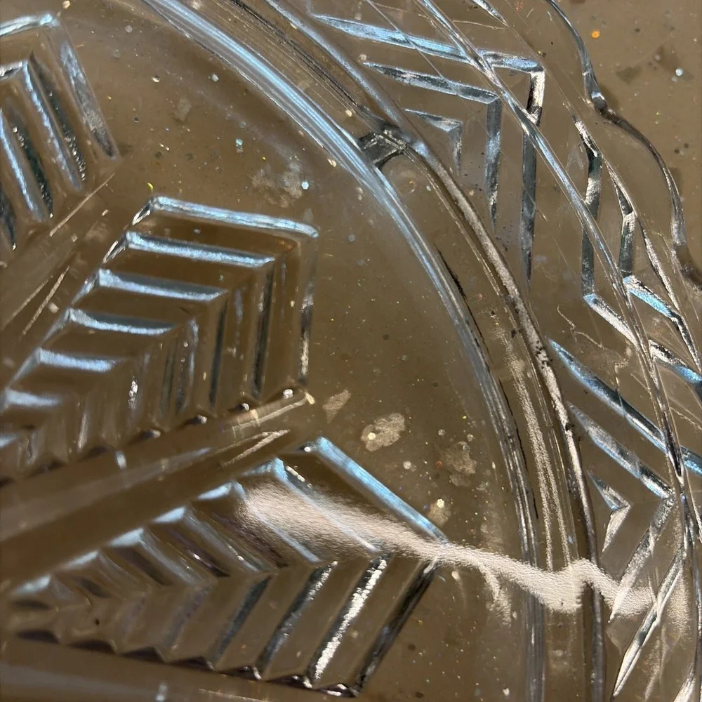 Federal Glass Snowflake Star Chevron Cake Plate Scalloped Edge Vintage Serving